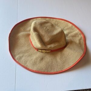 Calvin Klein‎ Woman’s Gold Belt Wrapped Wide Brim Floppy Hat with Orange Trim